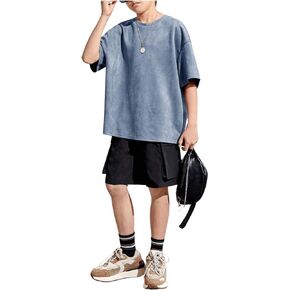 OYOANGLE Boy's Short Sleeve Round Neck Drop Shoulder Loose Fit T Shirt Oversized Solid Casual Tee Top