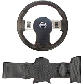 Black Carbon Fiber&Perforated Leather Steering Wheel Cover Hand-Stitch Sew on Wrap for Nissan Pathfinder 2005-2012 / Nissan Xterra 2005-2015 / Nissan Frontier 2005-2019 (Matte Carbon Fiber+Leather)