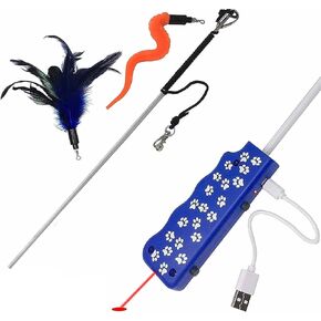 Pet Fit For Life Rechargeable Pet-Safe Combination LED Chaser and Cat Teaser Wand with Feather Toy and Interactive Squiggly Worm - Mimics Bird Chirping Sounds