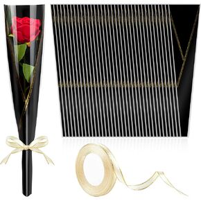 Mauproy 100 Pack Single Flower Sleeves, Rose Wrapping Bags Single Flower Packaging Bags with Ribbons for Wedding, Birthday, Florist Supplies (Black)