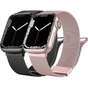 [2 PACK] Metal Stainless Steel Bands Compatible with Apple Watch Bands Series 8 7 6 5 4 3 2 1 SE 41mm 40mm 38mm 42mm 44mm 45mm, Mesh Loop Magnetic Milanese Strap for iWatch Bands Women Men