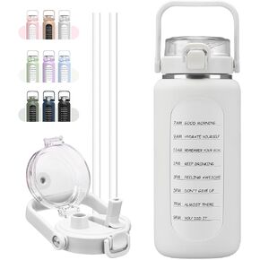BLUEGO 64oz Insulated Water Bottle with Straw and Handle Leakproof Half Gallon Wide Mouth Motivational Water Bottle, 2-IN-1 Straw Spout Lid Stainless Steel Water Jug for Sport Travel Gym-Amber