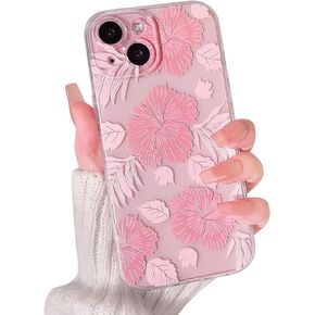 Compatible for iPhone 15 Case Clear Cute Flower Floral Leaf with Aesthetic Printed Design for Girls Women Soft TPU Shockproof Protective Girly for iPhone 15-(Big Pink Flower) 2