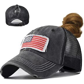 Womens Ponytail-Mesh-Back Baseball-Caps American-Flag Sun-Visor Distressed-Washed-Cotton Dad-Hat