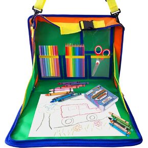 ArtCreativity Kids Travel Tray with Crayons and Paper - Adjustable Car Seat Table Tray with 16 Crayons, 20 Paper Sheets, and 5 Clear Pockets for Storage - Road Trip Travel Tray for Kids