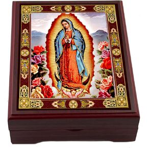 Rosary Box Our Lady of Guadalupe Rosary Prayer Bead Box Wooden Icon Box, 5 Inch, Religious Gift For Woman, Her