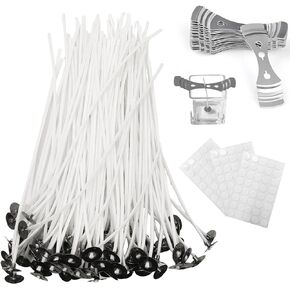 Ziosxin 100pcs Soy Wax Wick + 120pcs Wick Stickers + 20pcs Metal Candle Wick Centering Devices, 6" Candle Wick Pre-Waxed for DIY Candle Making