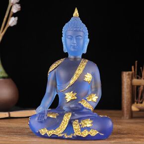 Buddha Statue for Home Decor,6.7"Thai Sitting Buddha Statue,Resin Buddha Statue for Zen Decor,Blue Lmitation Glass Idol Buddha Sculptures,Hindu Gift,Home Temple Mandir Meditation Room Decor