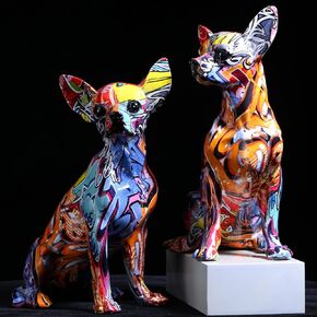 Colorful Chihuahua Statue Graffiti Art Dog Figurine Resin Indoor Home Decor Splash Color Animal Sculpture Ornament Puppy Modern Office Desktop Decoration (Graffiti-A)