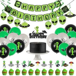 Whaline Alien Birthday Party Decorations Kit Green Alien Happy Birthday Banner Cupcake & Cake Toppers UFO Outer Space Saucer Balloons Hanging Swirls for Kids Alien Birthday Party Decor, 53Pcs