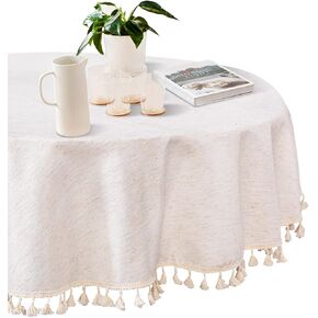 MYSKY HOME Table Cloth 60 Inch Round Table, Heavy Duty Linen Look Waterproof Tablecloths Farmhouse Tablecloth, Soft and Wrinkle Free Table Cover with Beige Tassels for Kitchen Dining, Party