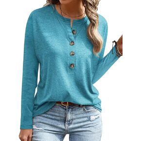 EADINVE Womens Crew Neck Long Sleeve Buttons Tops Fall Tshirts Tee Basic 2024 Blouse Loose Fit Henley Tops