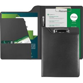 Portfolio Folder Binder-Business Leather A4 Padfolio Portfolio, Durable and Lightweight Conference Interview Resume Document Binder Organizer with Card Holder Writing Pad, Black