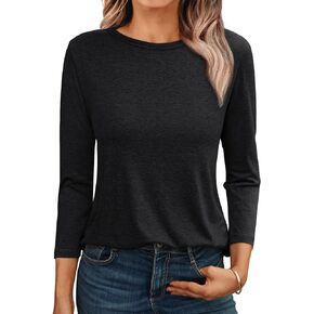 AUTOMET Womens Tops 3/4 Length Sleeve Shirts Summer Casual Loose Fit Crewneck T-shirts Basic Blouses 2024