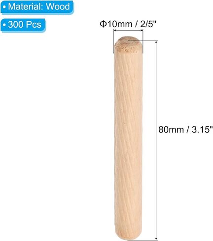 PATIKIL 2/5 Wooden Dowel Pins, 300 Pcs M10x80mm Wood Dowel Pins Hardwood Pegs Fluted Groove Easy Insertion for Crafts Furniture Door Art in Saudi Arabia