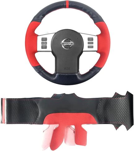 Black Carbon Fiber&Perforated Leather Steering Wheel Cover Hand-Stitch Sew on Wrap for Nissan Pathfinder 2005-2012 / Nissan Xterra 2005-2015 / Nissan Frontier 2005-2019 (Matte Carbon Fiber+Leather) in Saudi Arabia