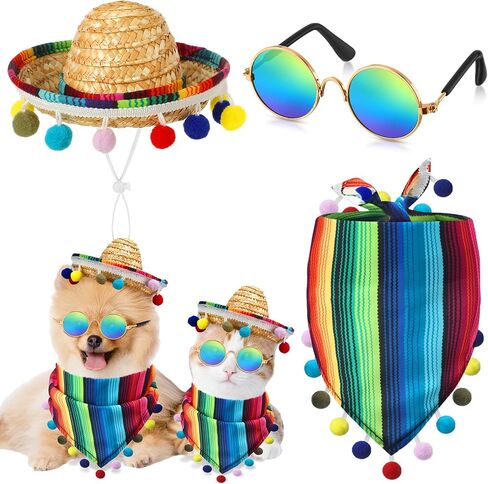 3 Pcs Mexican Dog Costume Multicolor Cinco De Mayo Fiesta Cat Bandana with Pom Poms Mini Sombrero Mexican Hats Retro Pet Sunglasses Mexican Cat Dog Costume Accessories for Small Dog and Cat in Saudi Arabia