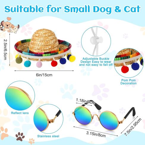 3 Pcs Mexican Dog Costume Multicolor Cinco De Mayo Fiesta Cat Bandana with Pom Poms Mini Sombrero Mexican Hats Retro Pet Sunglasses Mexican Cat Dog Costume Accessories for Small Dog and Cat in Saudi Arabia