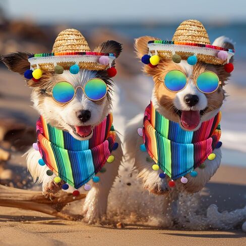 3 Pcs Mexican Dog Costume Multicolor Cinco De Mayo Fiesta Cat Bandana with Pom Poms Mini Sombrero Mexican Hats Retro Pet Sunglasses Mexican Cat Dog Costume Accessories for Small Dog and Cat in Saudi Arabia