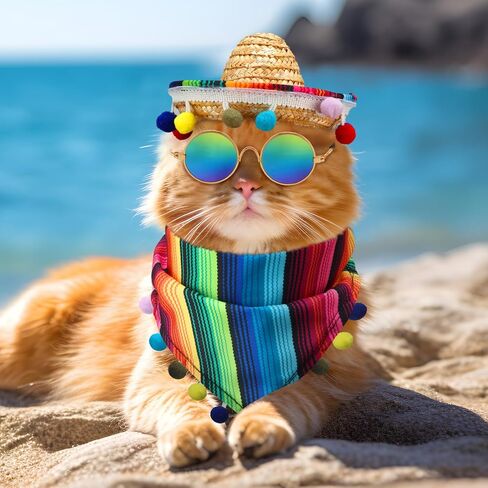 3 Pcs Mexican Dog Costume Multicolor Cinco De Mayo Fiesta Cat Bandana with Pom Poms Mini Sombrero Mexican Hats Retro Pet Sunglasses Mexican Cat Dog Costume Accessories for Small Dog and Cat in Saudi Arabia