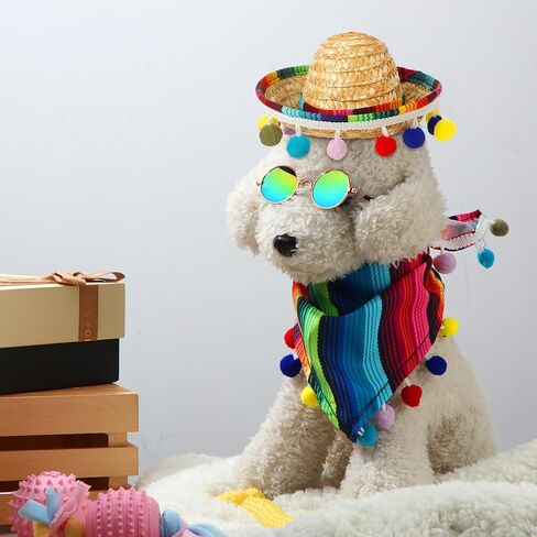 3 Pcs Mexican Dog Costume Multicolor Cinco De Mayo Fiesta Cat Bandana with Pom Poms Mini Sombrero Mexican Hats Retro Pet Sunglasses Mexican Cat Dog Costume Accessories for Small Dog and Cat in Saudi Arabia