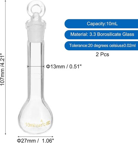 PATIKIL 10ml Volumetric Flask, 2Pcs 3.3 Borosilicate Glass Graduated Volumetric Measuring Flask with Glass Stopper Tolerance 0.18ml for Lab Experiment, Clear in Saudi Arabia