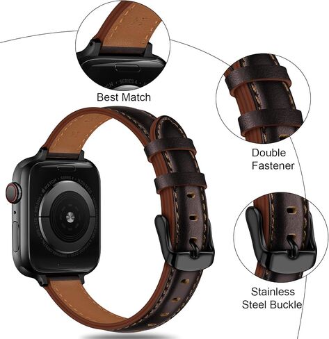 Tobfit Slim Leather Band for Apple Watch Bands 38mm 40mm 41mm 42mm 44mm 45mm, Genuine Top Grain Cowhide Leather Women iWatch Bands for Apple Watch Series 8 7 6 5 4 3 2 1 SE in Saudi Arabia