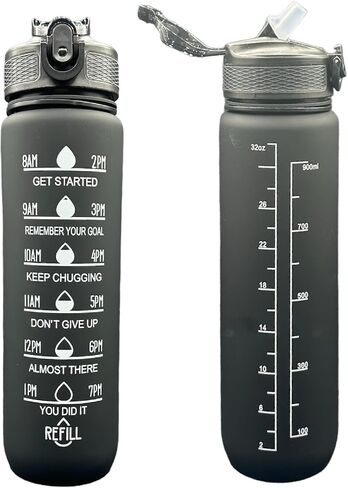Yaa Fresh Water Bottles, 32oz Motivational Sports Water Bottle with Time Marker - Times to Drink - Tritan, BPA Free, Wide Mouth Leakproof, Fast Flow Technology with Clean Brush (1 Pack) (Black-White) in Saudi Arabia