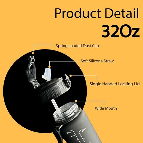 Yaa Fresh Water Bottles, 32oz Motivational Sports Water Bottle with Time Marker - Times to Drink - Tritan, BPA Free, Wide Mouth Leakproof, Fast Flow Technology with Clean Brush (1 Pack) (Black-White) in Saudi Arabia