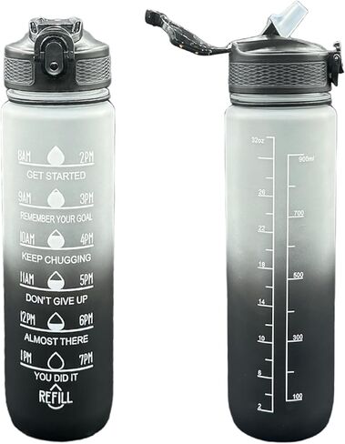 Yaa Fresh Water Bottles, 32oz Motivational Sports Water Bottle with Time Marker - Times to Drink - Tritan, BPA Free, Wide Mouth Leakproof, Fast Flow Technology with Clean Brush (1 Pack) (Black-White) in Saudi Arabia