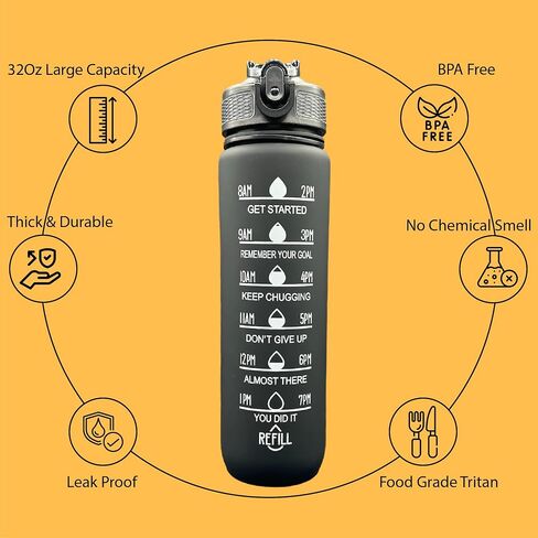 Yaa Fresh Water Bottles, 32oz Motivational Sports Water Bottle with Time Marker - Times to Drink - Tritan, BPA Free, Wide Mouth Leakproof, Fast Flow Technology with Clean Brush (1 Pack) (Black-White) in Saudi Arabia