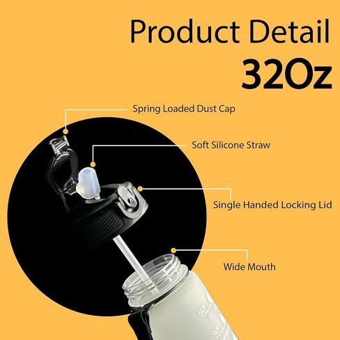 Yaa Fresh Water Bottles, 32oz Motivational Sports Water Bottle with Time Marker - Times to Drink - Tritan, BPA Free, Wide Mouth Leakproof, Fast Flow Technology with Clean Brush (1 Pack) (Black-White) in Saudi Arabia