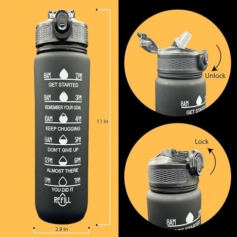 Yaa Fresh Water Bottles, 32oz Motivational Sports Water Bottle with Time Marker - Times to Drink - Tritan, BPA Free, Wide Mouth Leakproof, Fast Flow Technology with Clean Brush (1 Pack) (Black-White) in Saudi Arabia