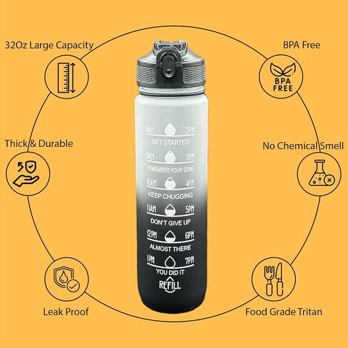 Yaa Fresh Water Bottles, 32oz Motivational Sports Water Bottle with Time Marker - Times to Drink - Tritan, BPA Free, Wide Mouth Leakproof, Fast Flow Technology with Clean Brush (1 Pack) (Black-White) in Saudi Arabia