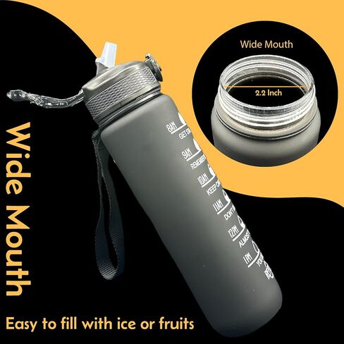 Yaa Fresh Water Bottles, 32oz Motivational Sports Water Bottle with Time Marker - Times to Drink - Tritan, BPA Free, Wide Mouth Leakproof, Fast Flow Technology with Clean Brush (1 Pack) (Black-White) in Saudi Arabia