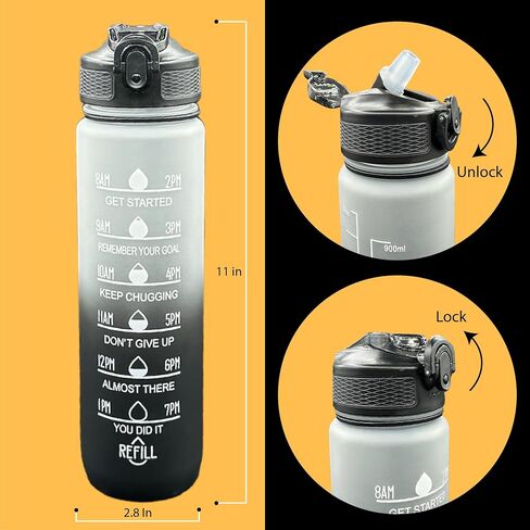 Yaa Fresh Water Bottles, 32oz Motivational Sports Water Bottle with Time Marker - Times to Drink - Tritan, BPA Free, Wide Mouth Leakproof, Fast Flow Technology with Clean Brush (1 Pack) (Black-White) in Saudi Arabia