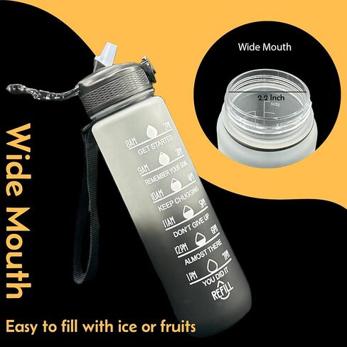 Yaa Fresh Water Bottles, 32oz Motivational Sports Water Bottle with Time Marker - Times to Drink - Tritan, BPA Free, Wide Mouth Leakproof, Fast Flow Technology with Clean Brush (1 Pack) (Black-White) in Saudi Arabia