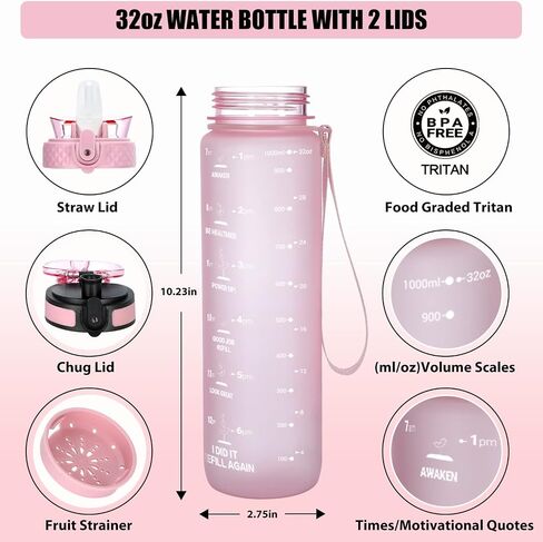 OLDLEY Water Bottles, 32 OZ (Straw lid) Motivational Water Bottle with Time Marker, Leak-Proof Tritan BPA-Free, Stay Hydrated During Workouts, Gym, During Outdoor Activities Like Camping (Pink Topaz) in Saudi Arabia