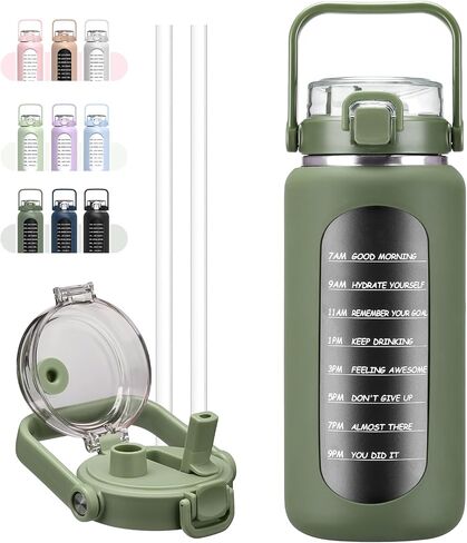 BLUEGO 64oz Insulated Water Bottle with Straw and Handle Leakproof Half Gallon Wide Mouth Motivational Water Bottle, 2-IN-1 Straw Spout Lid Stainless Steel Water Jug for Sport Travel Gym-Amber in Saudi Arabia