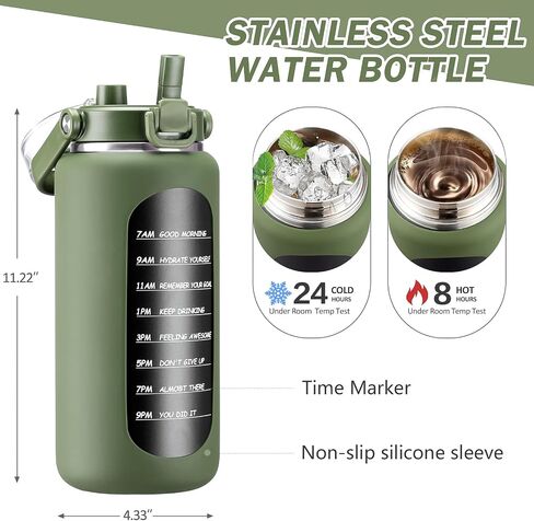 BLUEGO 64oz Insulated Water Bottle with Straw and Handle Leakproof Half Gallon Wide Mouth Motivational Water Bottle, 2-IN-1 Straw Spout Lid Stainless Steel Water Jug for Sport Travel Gym-Amber in Saudi Arabia