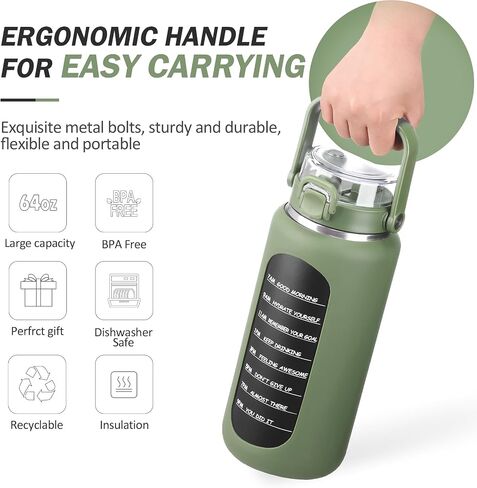 BLUEGO 64oz Insulated Water Bottle with Straw and Handle Leakproof Half Gallon Wide Mouth Motivational Water Bottle, 2-IN-1 Straw Spout Lid Stainless Steel Water Jug for Sport Travel Gym-Amber in Saudi Arabia