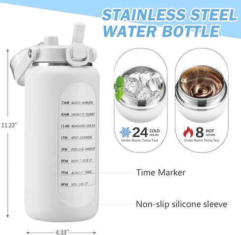BLUEGO 64oz Insulated Water Bottle with Straw and Handle Leakproof Half Gallon Wide Mouth Motivational Water Bottle, 2-IN-1 Straw Spout Lid Stainless Steel Water Jug for Sport Travel Gym-Amber in Saudi Arabia