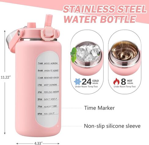 BLUEGO 64oz Insulated Water Bottle with Straw and Handle Leakproof Half Gallon Wide Mouth Motivational Water Bottle, 2-IN-1 Straw Spout Lid Stainless Steel Water Jug for Sport Travel Gym-Amber in Saudi Arabia