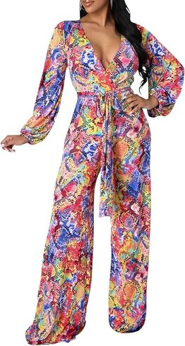 بدلة قفز نسائية مثيرة من FairBeauty مطبوعة بالزهور قطعة واحدة أنيقة ورقبة على شكل حرف V وأكمام طويلة in Kuwait