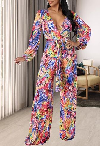 بدلة قفز نسائية مثيرة من FairBeauty مطبوعة بالزهور قطعة واحدة أنيقة ورقبة على شكل حرف V وأكمام طويلة in Kuwait