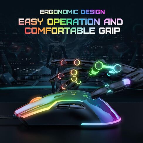 ماوس ألعاب سلكي، ماوس كمبيوتر مريح قابل للبرمجة مع إضاءة خلفية RGB، DPI قابل للتعديل حتى 12800 لنظام Windows Mac in Kuwait