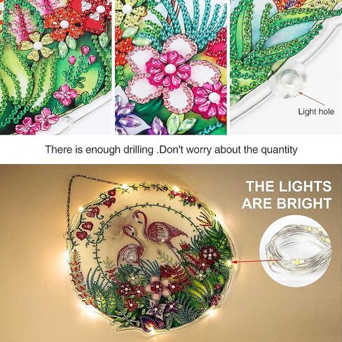 Plancholo 5D DIY فلامنغو الزهور الماس اللوحة إكليل مجموعات مع ضوء LED على شكل خاص كريستال حجر الراين إكليل فسيفساء مجموعات لديكور جدار المنزل البالغين والأطفال (11 بوصة إكليل) in Kuwait