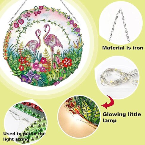 Plancholo 5D DIY فلامنغو الزهور الماس اللوحة إكليل مجموعات مع ضوء LED على شكل خاص كريستال حجر الراين إكليل فسيفساء مجموعات لديكور جدار المنزل البالغين والأطفال (11 بوصة إكليل) in Kuwait