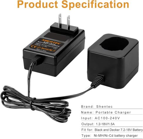شاحن بطارية Shentec 7.2V-18v متوافق مع بطاريات Black and Decker PS120 PS130 PS140 Ni-MH/Ni-Cd Pod Style (1) in Saudi Arabia