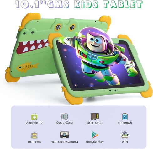 C idea 10.1 inch Kids Tablet, Android 12 WiFi Tablet for Kids Ages 3-12, 4GB RAM 64GB ROM Expandable 512GB Toddler Tablet with Case, Stylus, Dual Carema, FHD Screen, Parental Control, 6000mAh - Green in Saudi Arabia